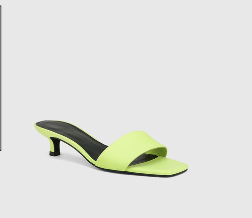 Jamila Fluro Green Leather Kitten Heel Sandal.